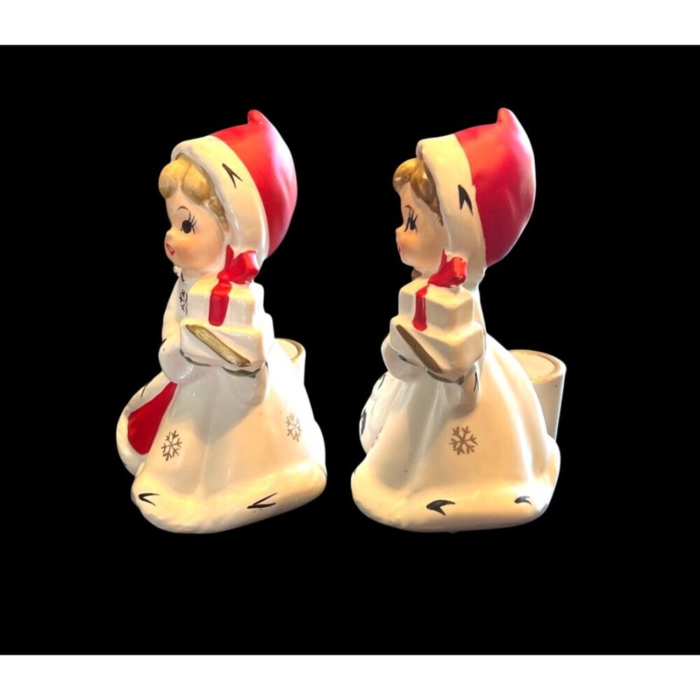 Vtg 1950s Napco Snowflake Girl Candle Holders Ceramic Christmas Figurines Holida - Picture 2 of 5